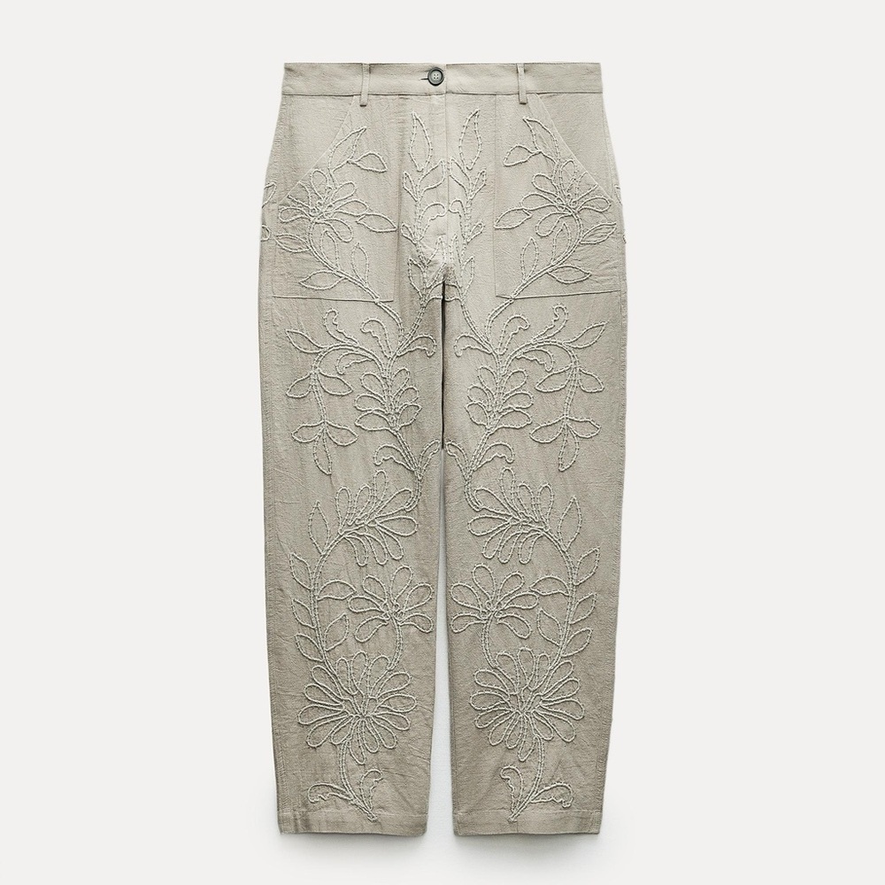 Zara |Floral Chinos ZW Collection Embroidered Trousers In Olive Green Size Small